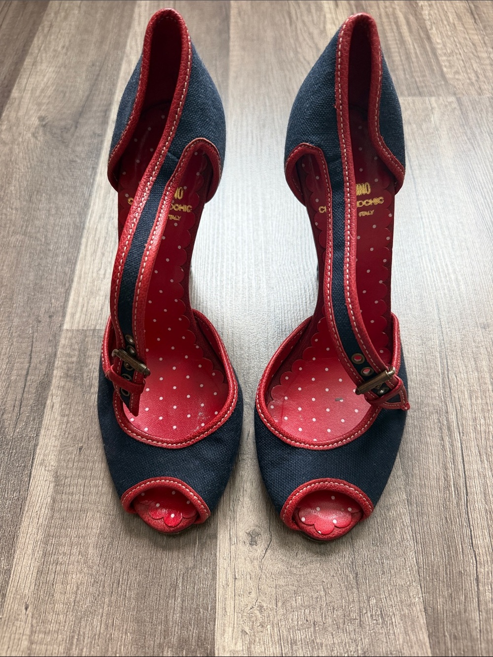 Vintage MOSCHINO CHEAPANDCHIC Navy and Red Peep-Toe Heels